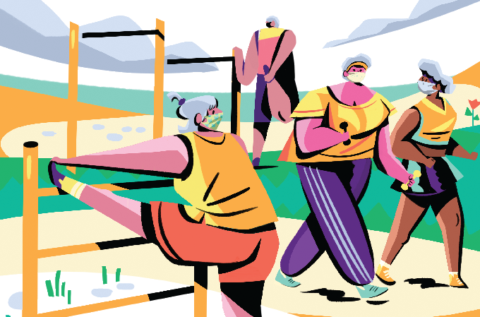Desenho de três idosos se exercitando na praia.