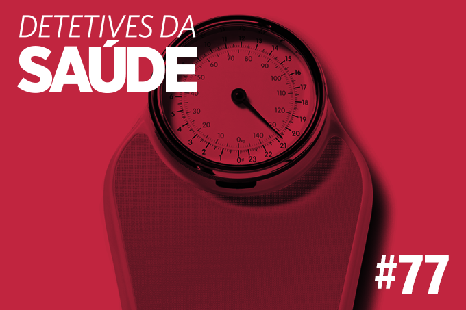 Foto de uma balança com o logo do Detetives da SAÚDE