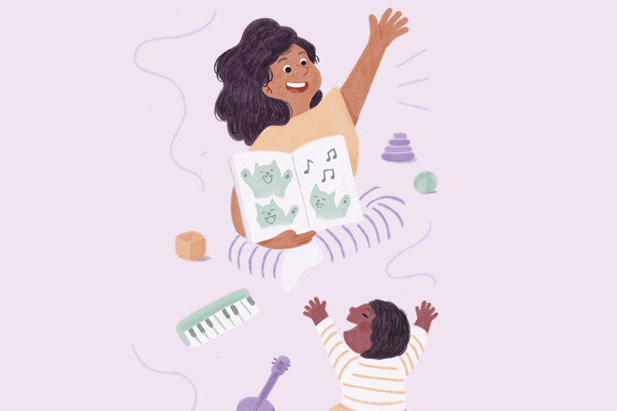 ilustração de mãe e filho brincando com livro