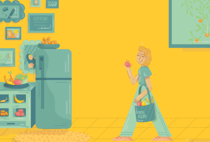 ilustração de mulher caminhando em sua cozinha