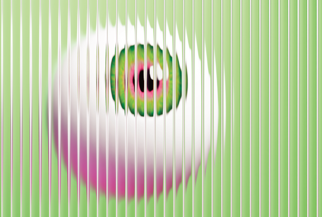 Ilustração em fundo verde claro com um elemento central que remete a um globo ocular humano estilizado, com íris da cor verde escura. A imagem apresenta falhas digitais propositalmente, com partes distorcidas e cores desalinhadas, como se estivesse corrompida.