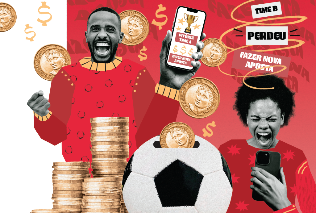 Homem sorridente comemorando vitória em aposta esportiva no celular, enquanto mulher frustrada grita com derrota. Moedas de real e cifrões flutuam, e uma bola de futebol funciona como cofrinho, simbolizando ganhos e perdas em apostas