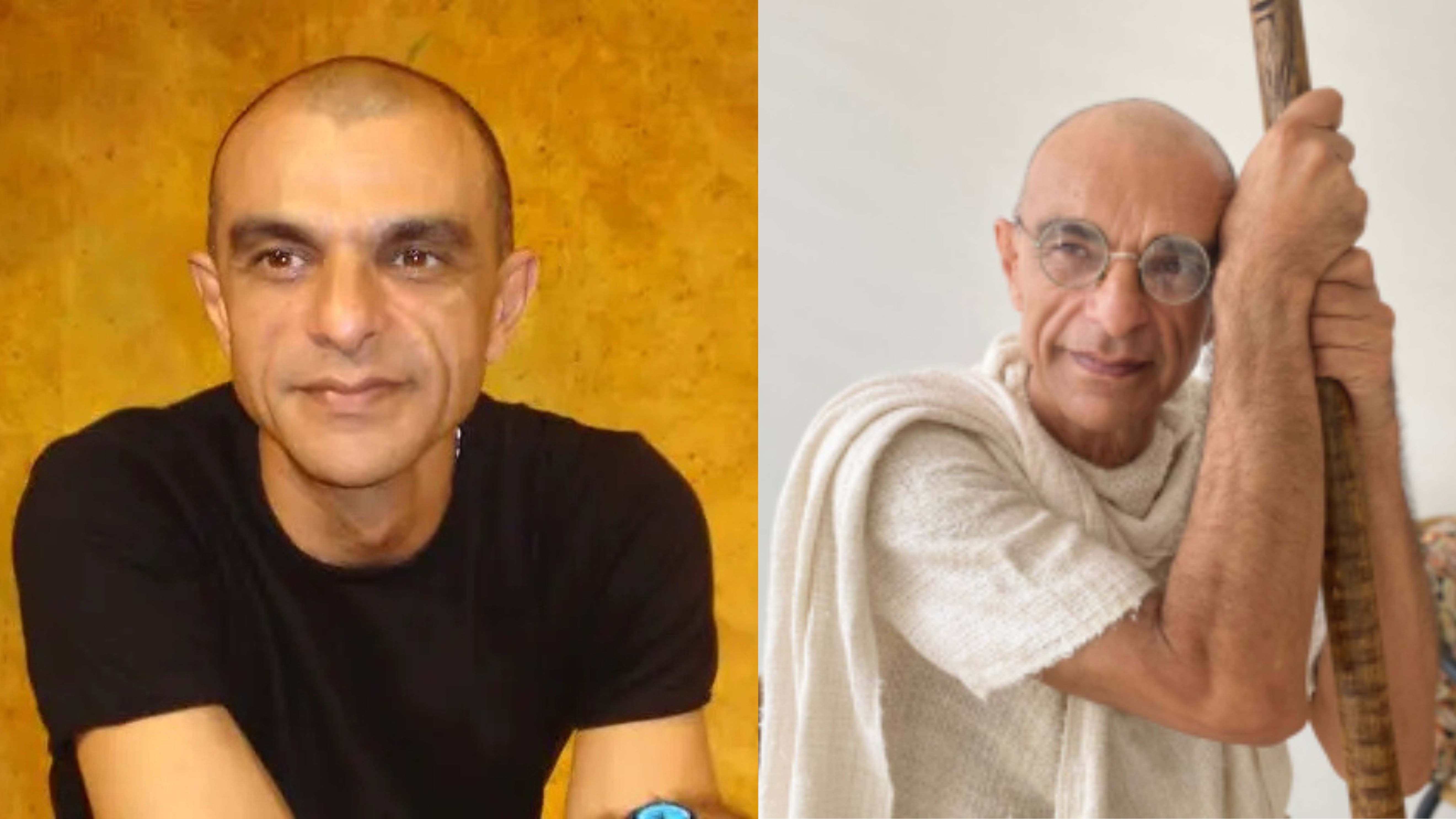 Montagem de duas fotos lado a lado de um homem careca de pele morena. À esquerda, ele veste camiseta preta, olhando para frente com expressão séria, contra fundo amarelo texturizado. À direita, ele usa óculos redondos, um tecido claro como túnica e segura um cajado de madeira, com fundo branco