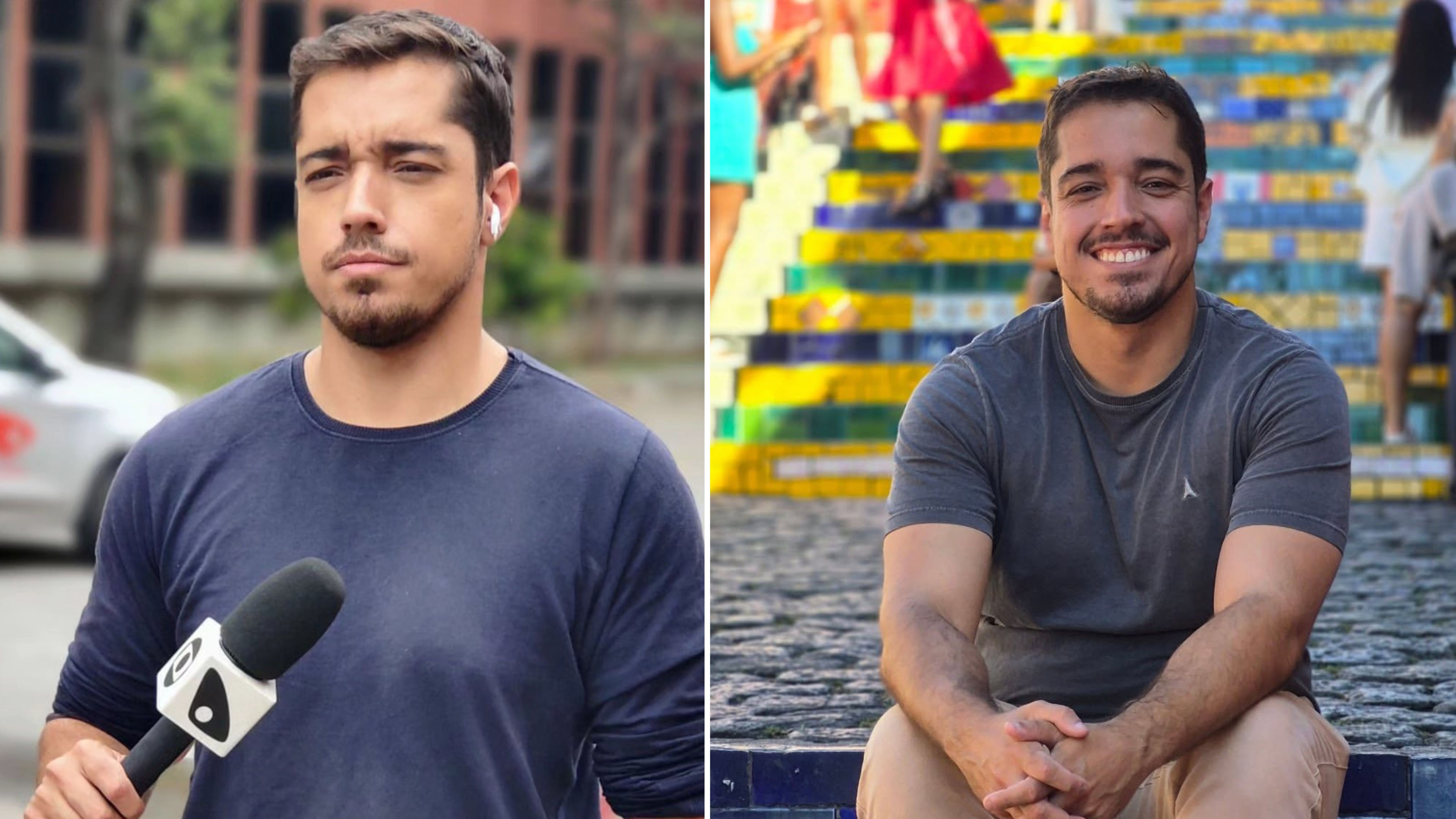 Duas fotos lado a lado de um homem jovem, de barba e cabelo castanho escuro. À esquerda, ele usa camiseta azul marinho, fone de ouvido branco e segura um microfone, com expressão séria em ambiente urbano. À direita, sorri, veste camiseta cinza e calça bege, sentado em uma escadaria colorida