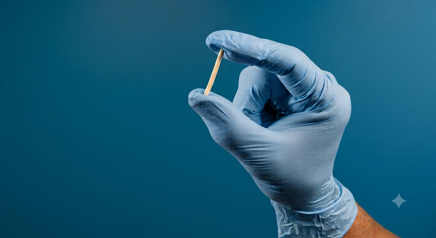 Mão enluvada de azul segura um pequeno implante contraceptivo bege, fino e alongado, contra um fundo azul-petróleo