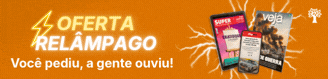 Banner laranja com OFERTA RELÂMPAGO em destaque, acompanhado de um raio amarelo. Abaixo, Você pediu, a gente ouviu!. À direita, revistas Superinteressante e Veja e um cartão de crédito. No canto superior direito, um ícone de árvore