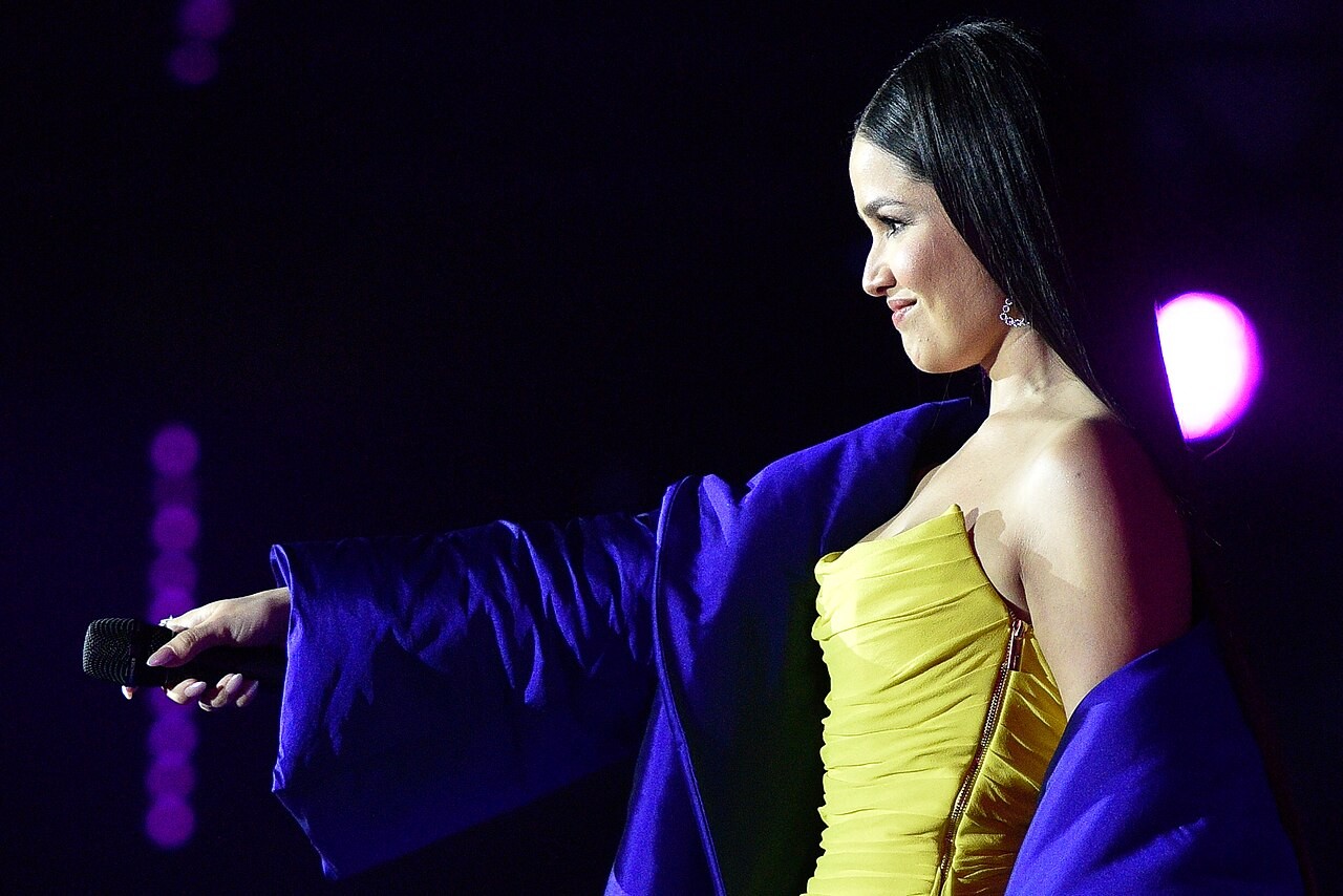 Cantora de perfil, sorrindo, com cabelo preto preso em rabo de cavalo alto, vestindo um tomara que caia amarelo e um casaco azul royal nos ombros, segurando um microfone preto com a mão direita estendida. O fundo é escuro com luzes roxas desfocadas. Foto de domínio público