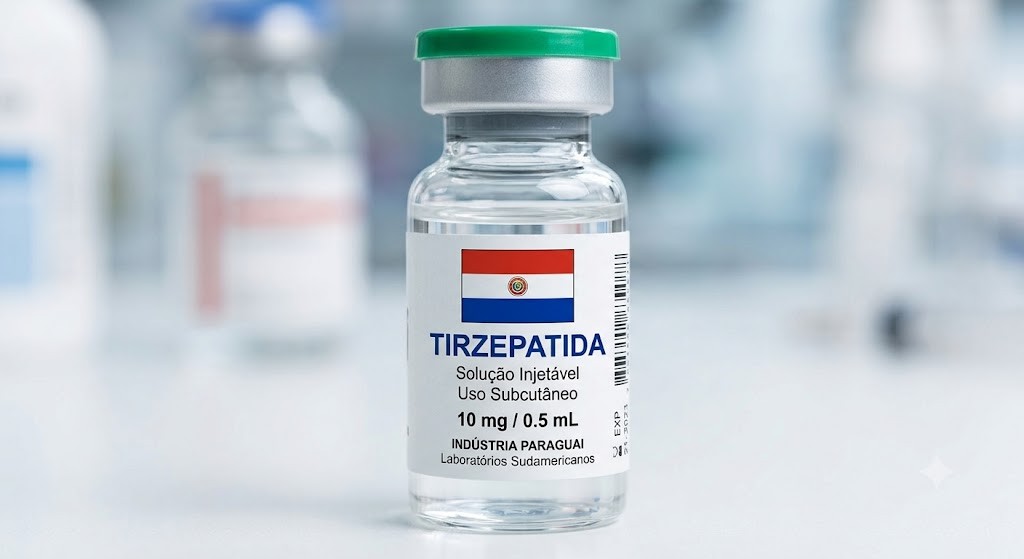 Frasco de vidro transparente com tampa verde e prata, contendo solução injetável de Tirzepatida, 10 mg/0.5 mL, com a bandeira do Paraguai e a inscrição Indústria Paraguaia Laboratórios Sul-americanos