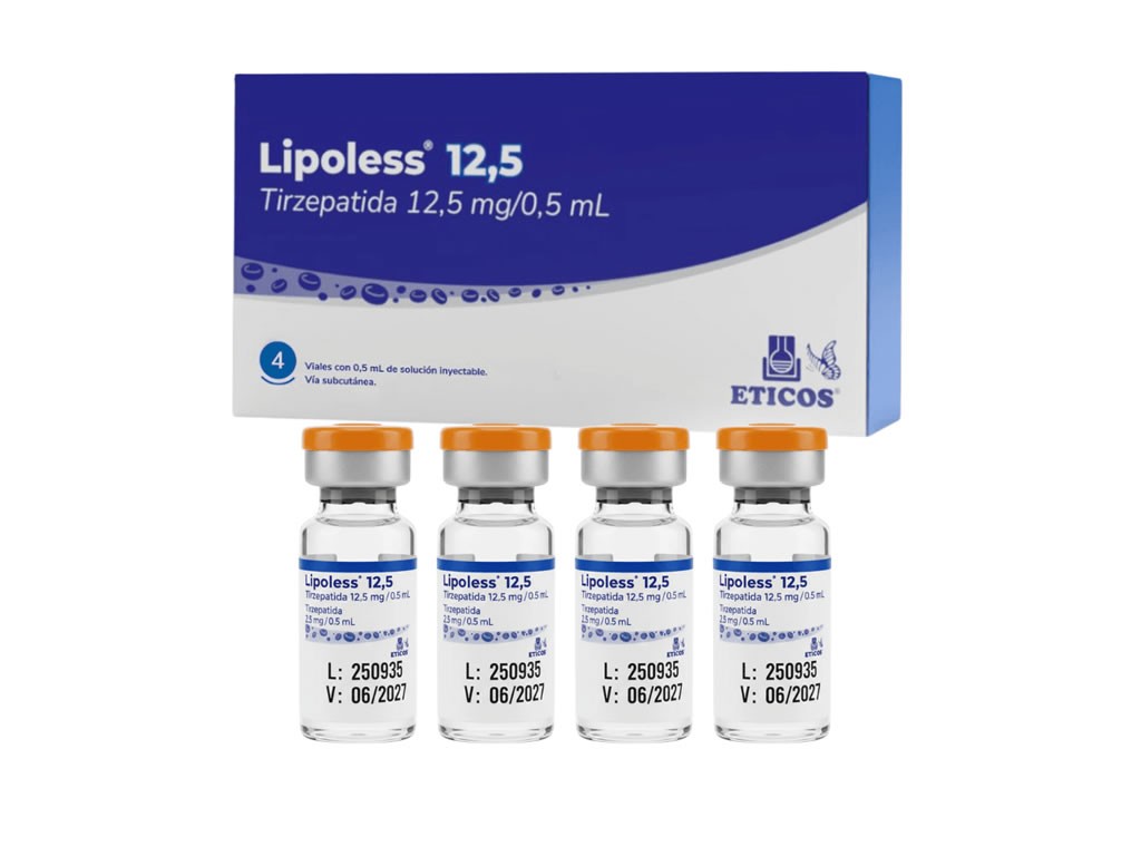 Caixa azul e branca de Lipoless 12,5 Tirzepatida 12,5 mg/0,5 mL, com quatro frascos de vidro transparente com tampas laranja e cinza, contendo a mesma medicação e informações de lote e validade