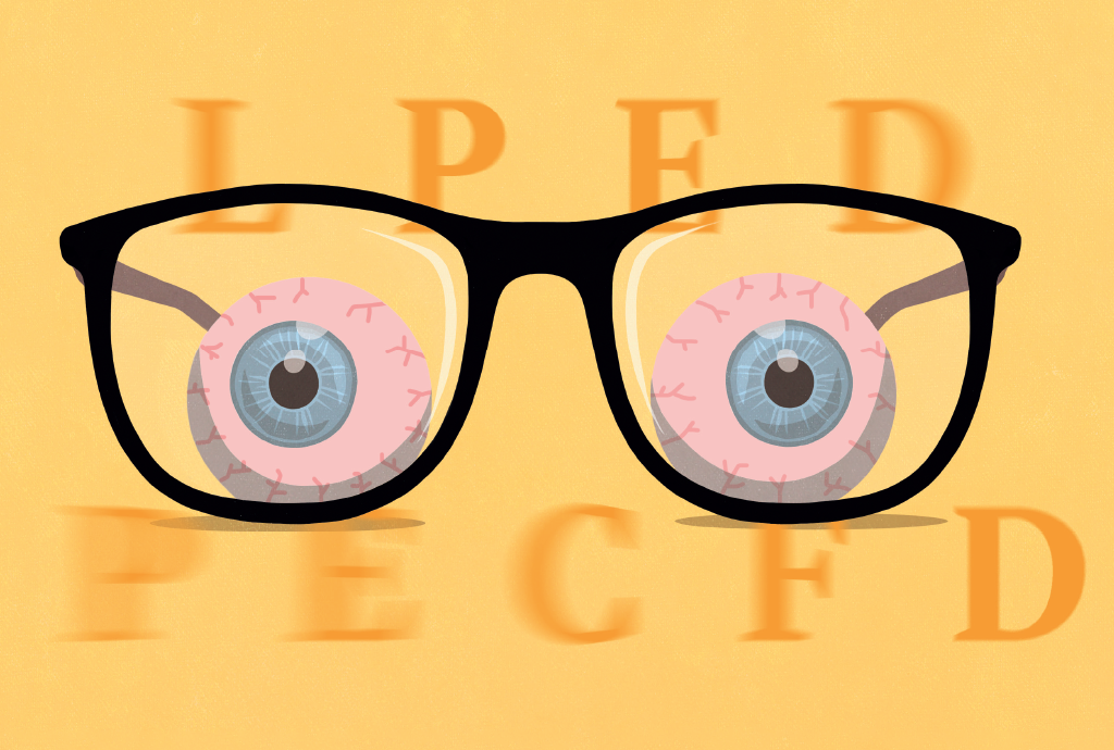 Óculos de armação preta com lentes transparentes, revelando dois olhos avermelhados e cansados com íris azuis. Letras grandes e borradas, como em um teste de visão, aparecem acima e abaixo dos óculos, em um fundo amarelo-alaranjado. As letras visíveis são L P E D e P E C F D