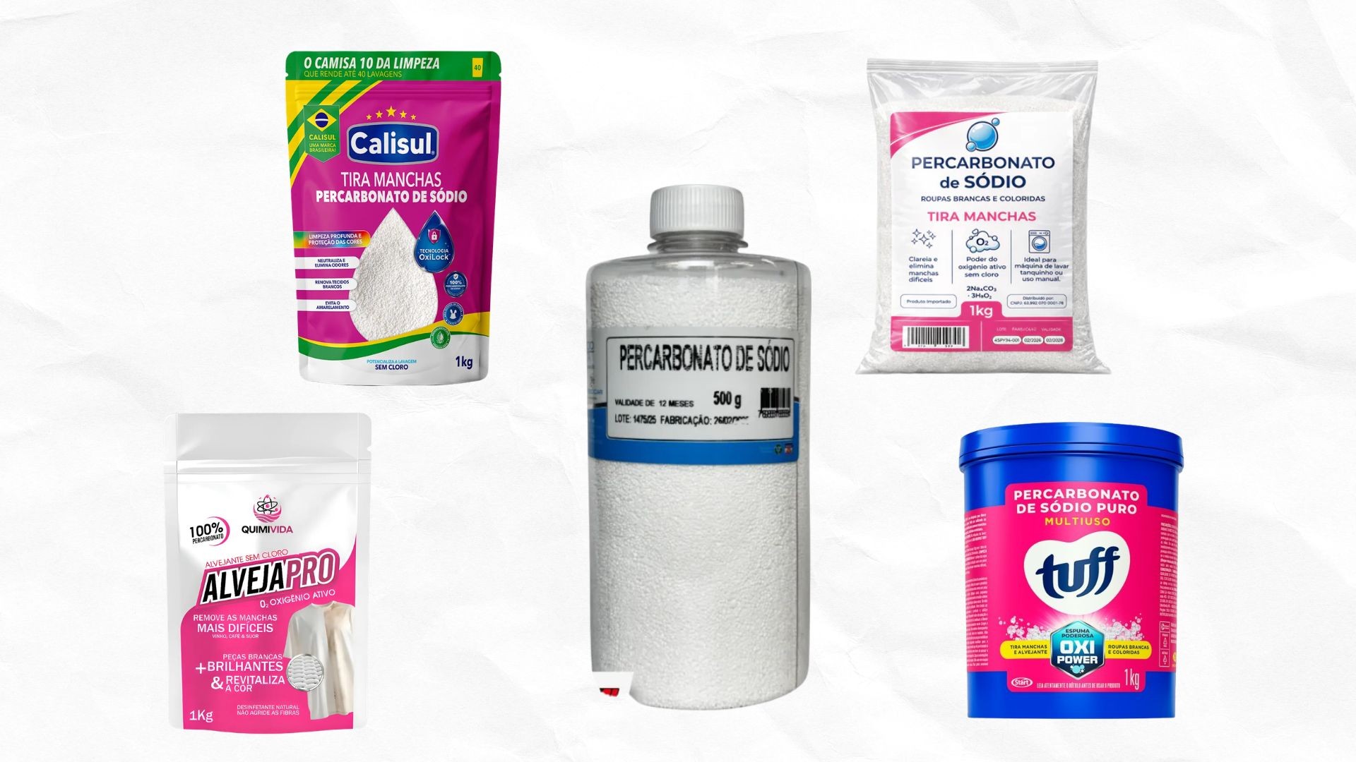 Cinco embalagens de percarbonato de sódio de diferentes marcas e formatos, incluindo sachês e potes, com destaque para as cores rosa, azul e branco