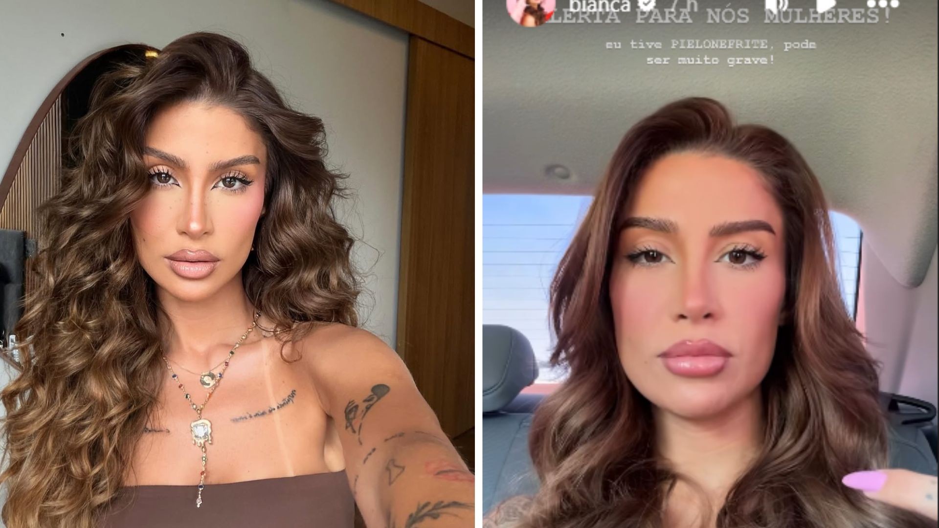 Duas fotos lado a lado da influenciadora Bianca Andrade. À esquerda, ela posa com cabelos longos e ondulados, maquiagem marcante e um colar dourado. À direita, em um carro, ela alerta sobre pielonefrite, com maquiagem mais suave e unhas lilás