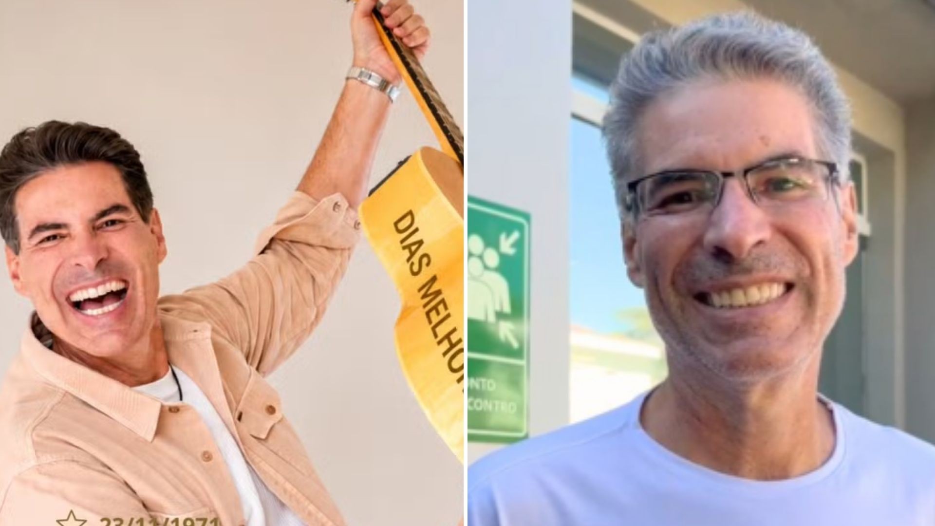 Montagem de duas fotos de Marcos Mion. À esquerda, ele sorri amplamente, vestindo camisa bege e camiseta branca, segurando um violão amarelo com a frase DIAS MELHORES. À direita, Mion sorri levemente, com cabelos grisalhos e óculos, usando camiseta branca, em frente a uma placa verde de ponto de encontro