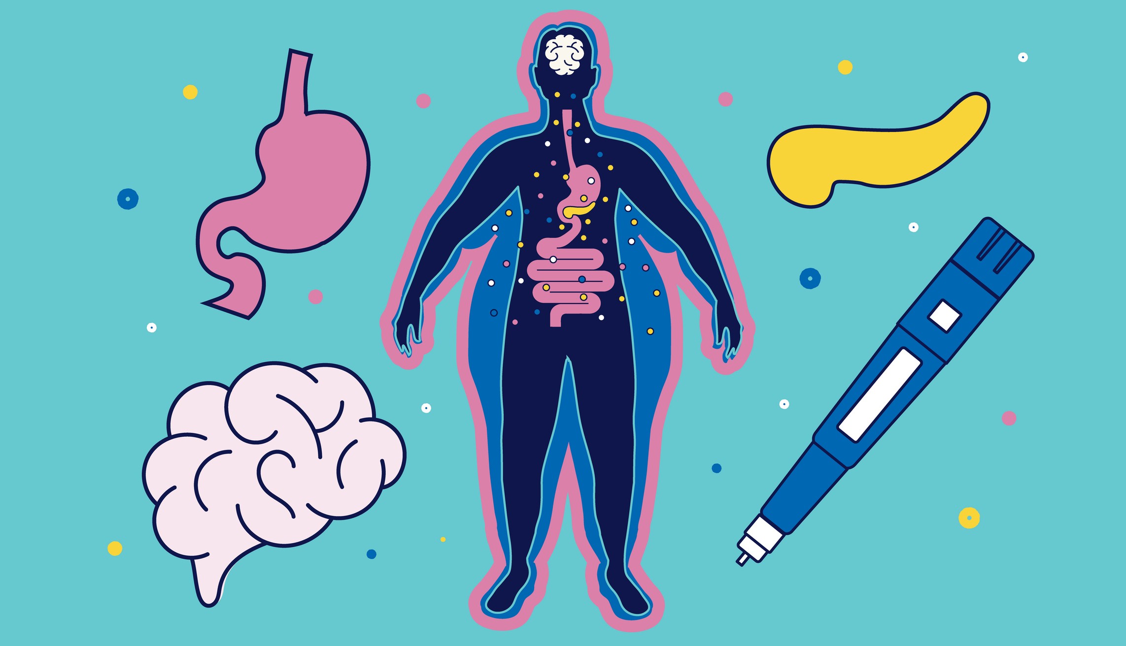 Infográfico sobre diabetes com silhueta de corpo humano em azul escuro, mostrando cérebro, estômago e intestinos. Ao redor, uma silhueta maior em azul claro e rosa, indicando sobrepeso. Órgãos como estômago rosa, pâncreas amarelo e cérebro rosa flutuam ao lado, junto a uma caneta de insulina azul. Pontos coloridos representam moléculas