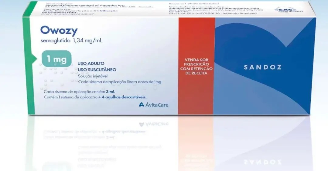 Caixa de medicamento Owory semaglutida 1,34 mg/mL, 1 mg, para uso adulto subcutâneo, solução injetável. Contém 1 sistema de aplicação e 4 agulhas descartáveis. Venda sob prescrição com retenção de receita, da Sandoz e AvitaCare