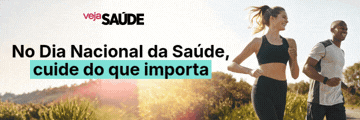 Mulher e homem sorrindo, correndo ao ar livre em um dia ensolarado. Ela veste top e calça preta, ele camiseta branca e cinza. Texto: No Dia Nacional da Saúde, cuide do que importa. Logotipo Veja Saúde