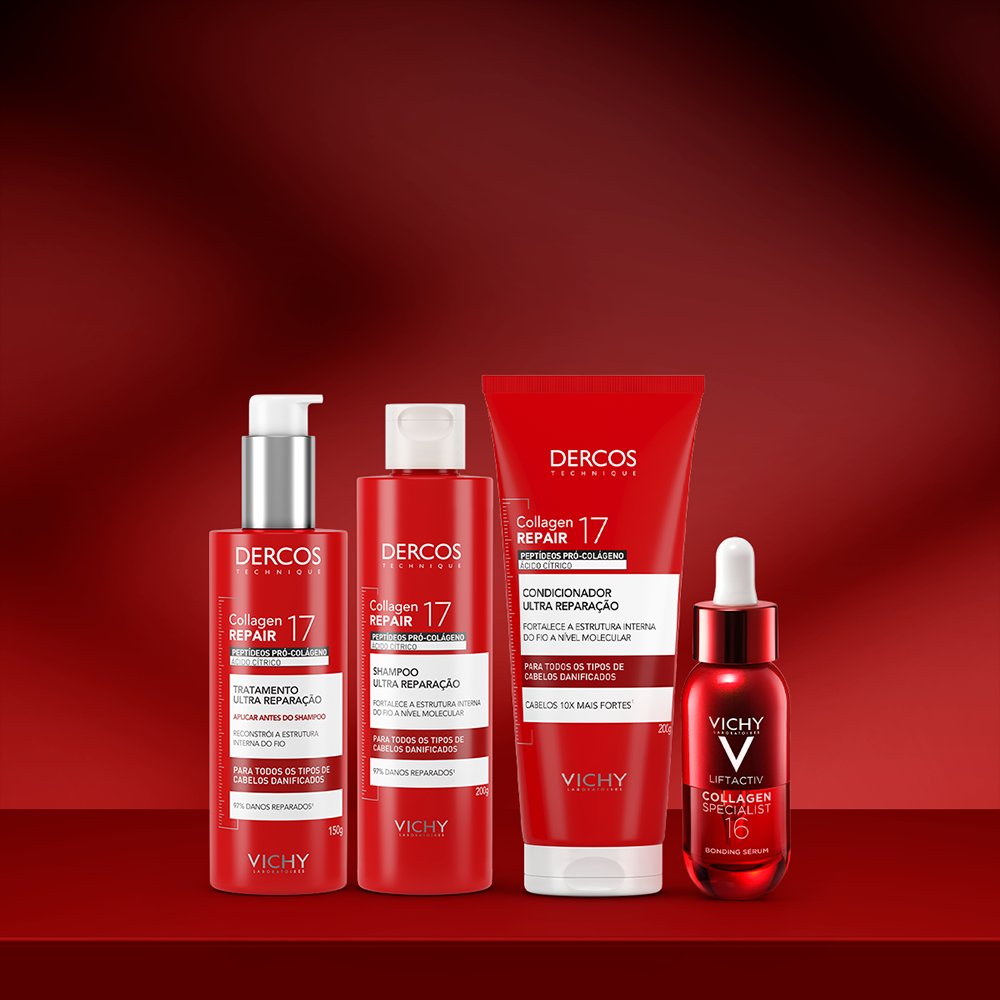 Quatro produtos Vichy em embalagens vermelhas com letras brancas e pretas, sobre um fundo vermelho escuro. Da esquerda para a direita: um frasco com pump, um frasco com tampa branca, um tubo de condicionador e um frasco conta-gotas